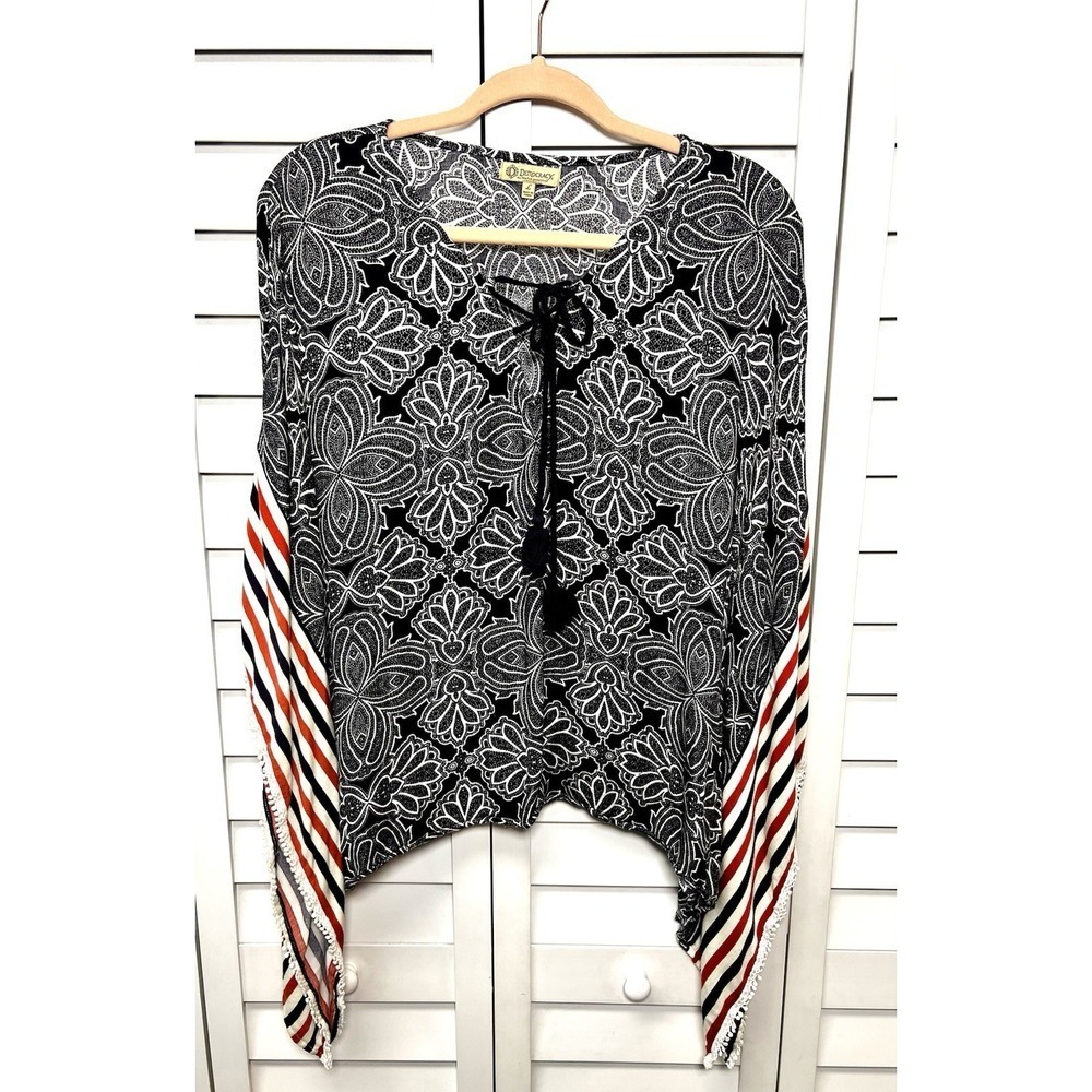 Democracy Boho Oversized Poncho Tasseled Top Festival Women's Size Large